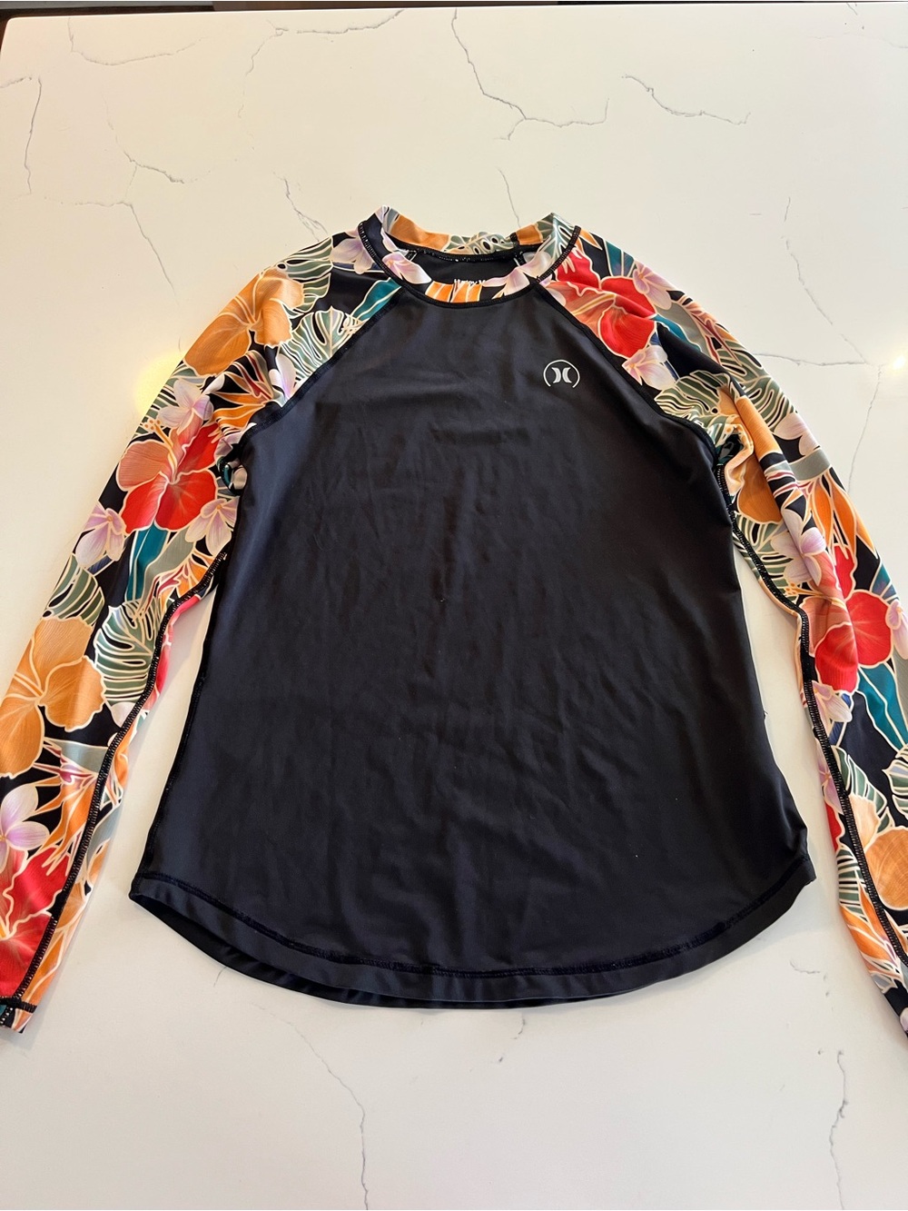 Hurley Black Long-Sleeve swim shirt with Tropical Floral Sleeves